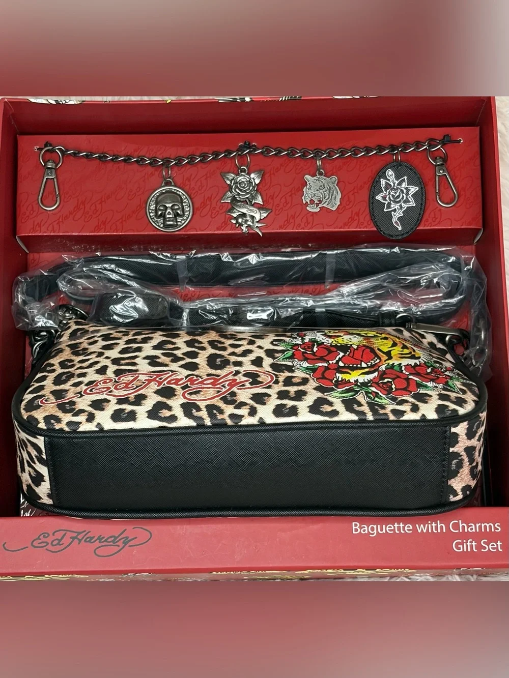 Ed Hardy Leopard Print Baguette Bag with Tiger & Rose Graphic - Charms Gift Set